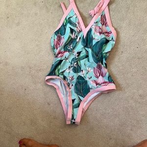 Pink & Green palm leaf bathing suit Medium